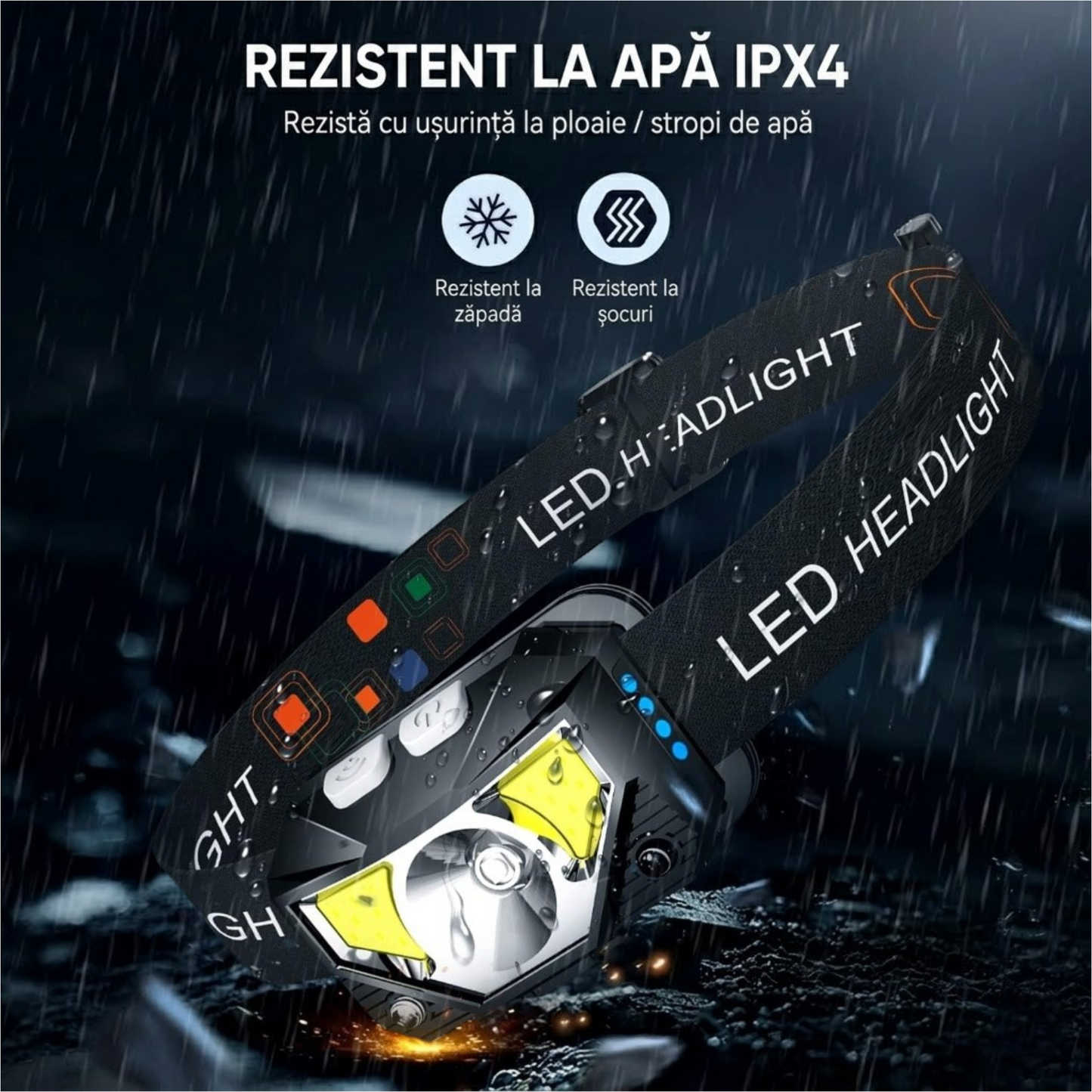 Lampă frontală LED rezistentă la apă IPX4, zăpadă și șocuri, ideală pentru exterior în ploaie