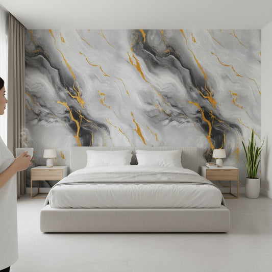 Tapet Autoadeziv 3D Marmură Gri cu Negru și Auriu 60x60cm