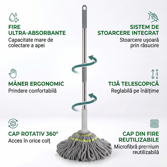 Mop Smart cu Stoarcere Automată — Mâner 130cm, Microfibră, Rotație 360°