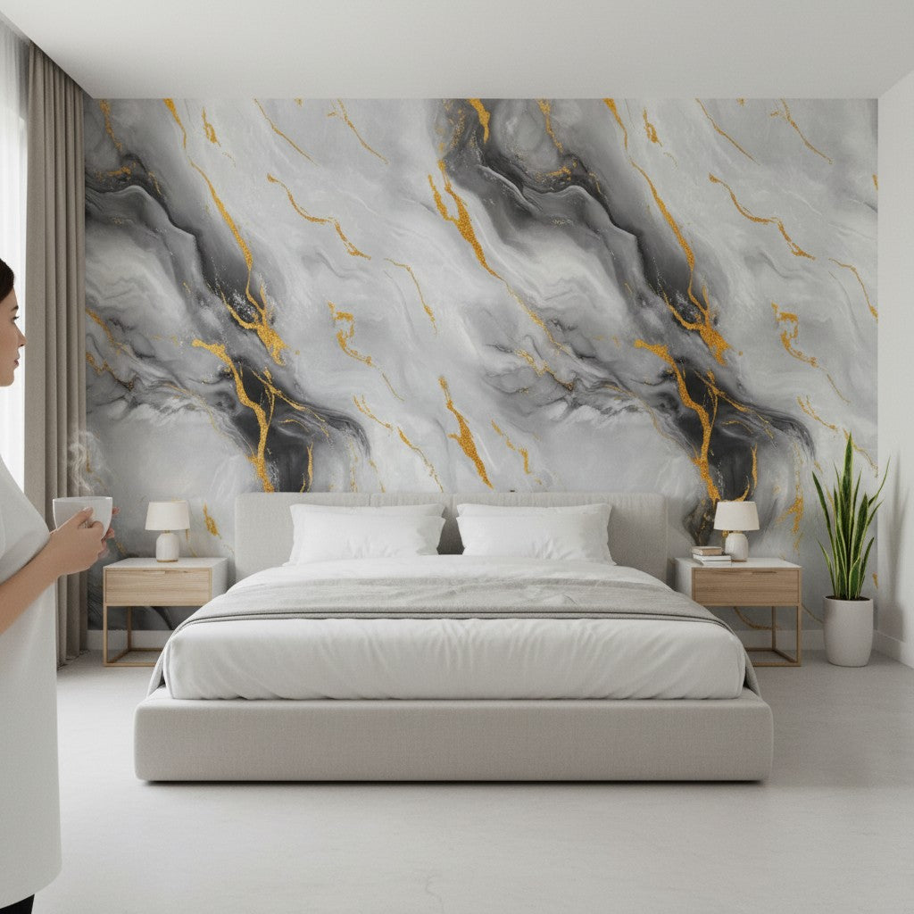 Tapet Autoadeziv 3D Marmură Gri cu Negru și Auriu 60x60cm