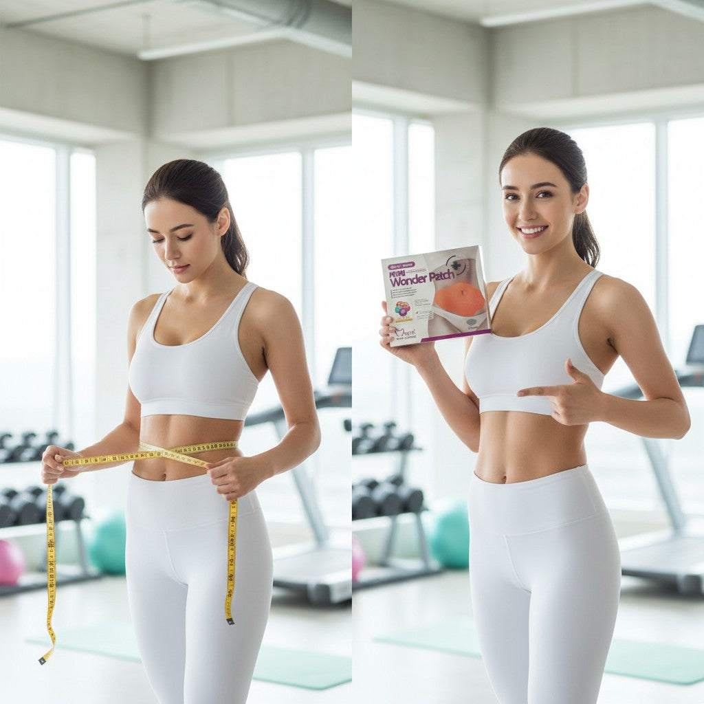 Femeie măsoară talia cu metru în fitness, ținând pachet Wonder Patch pentru slăbit