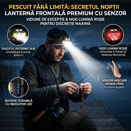Lanternă frontală premium cu senzor pentru pescuit noaptea, mod roșie și fascicul puternic alb