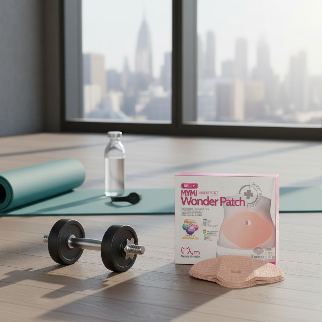 Pachete Wonder Patch pentru abdomen, alături de haltere și covor de yoga, într-un spațiu de fitness cu panoramă urbană
