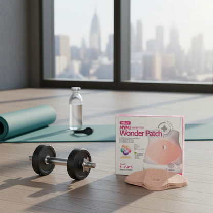 Pachete Wonder Patch pentru abdomen, alături de haltere și covor de yoga, într-un spațiu de fitness cu panoramă urbană