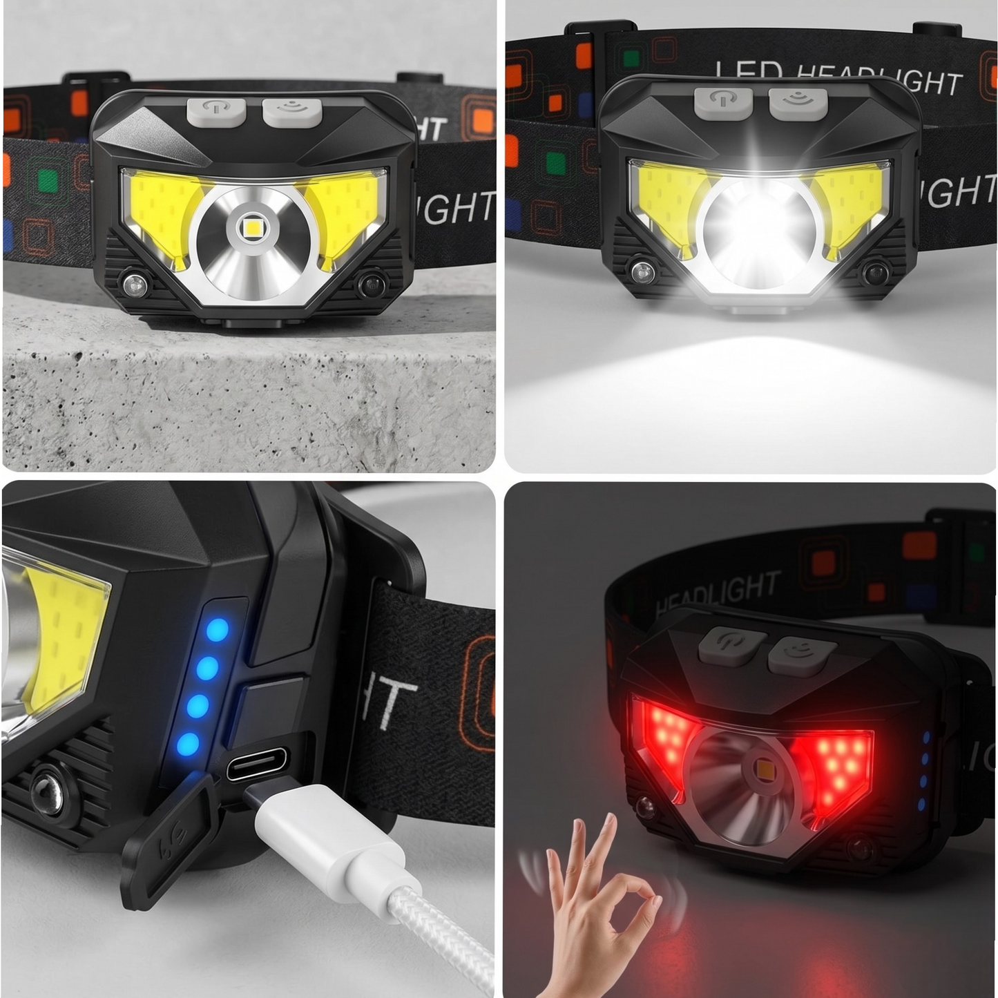Lampă frontală LED cu încărcare USB, lumini roșii și albe, senzor de mișcare, rezistentă la apă