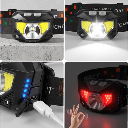 Lampă frontală LED cu încărcare USB, lumini roșii și albe, senzor de mișcare, rezistentă la apă