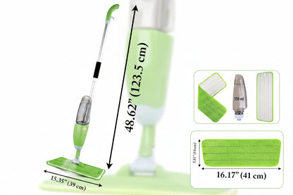 Mop cu spray verde, 123.5 cm, rezervor 350 ml, prosop 41 cm, curățenie ușoară pentru podele