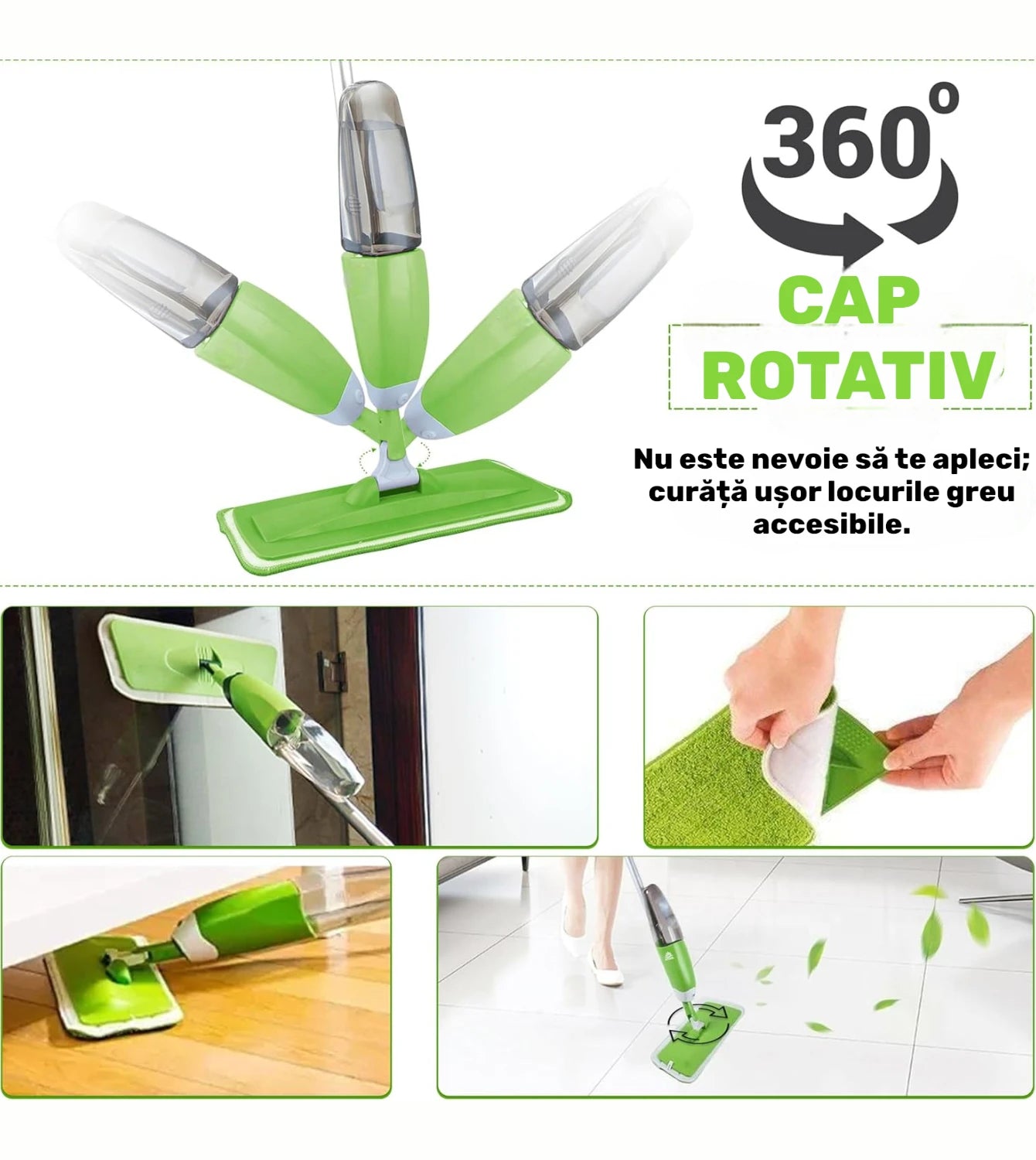 Mop verde cu cap rotativ 360° pentru curățat ușor podele și spații greu accesibile
