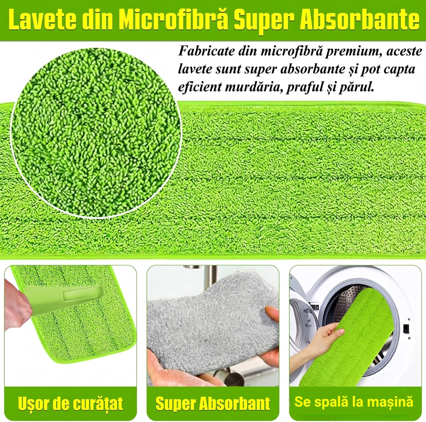 Lavete din microfibră super absorbante, ușor de curățat și spălate la mașină, pentru curățenie eficientă.