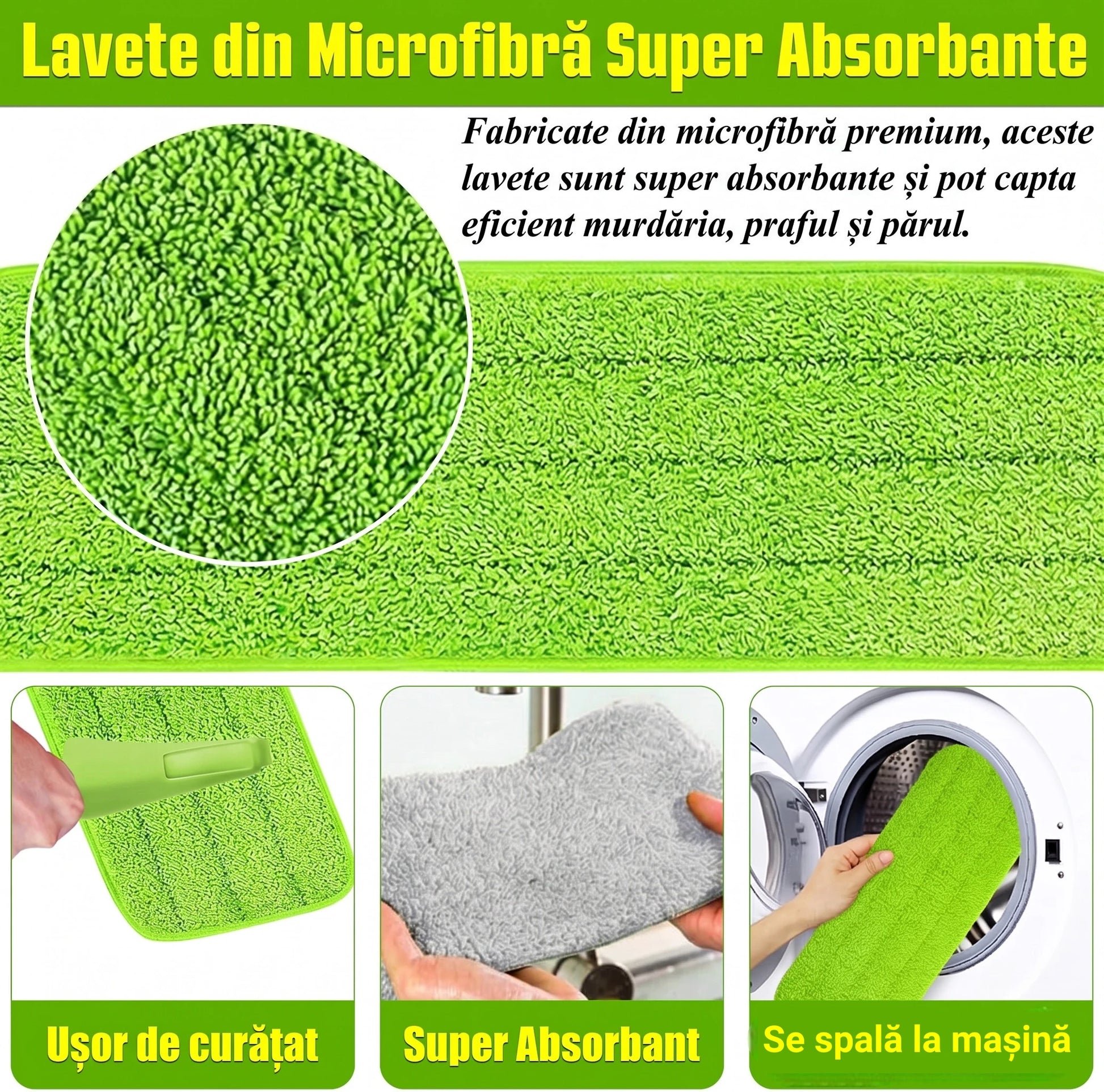 Lavete din microfibră super absorbante, ușor de curățat și spălate la mașină, pentru curățenie eficientă.