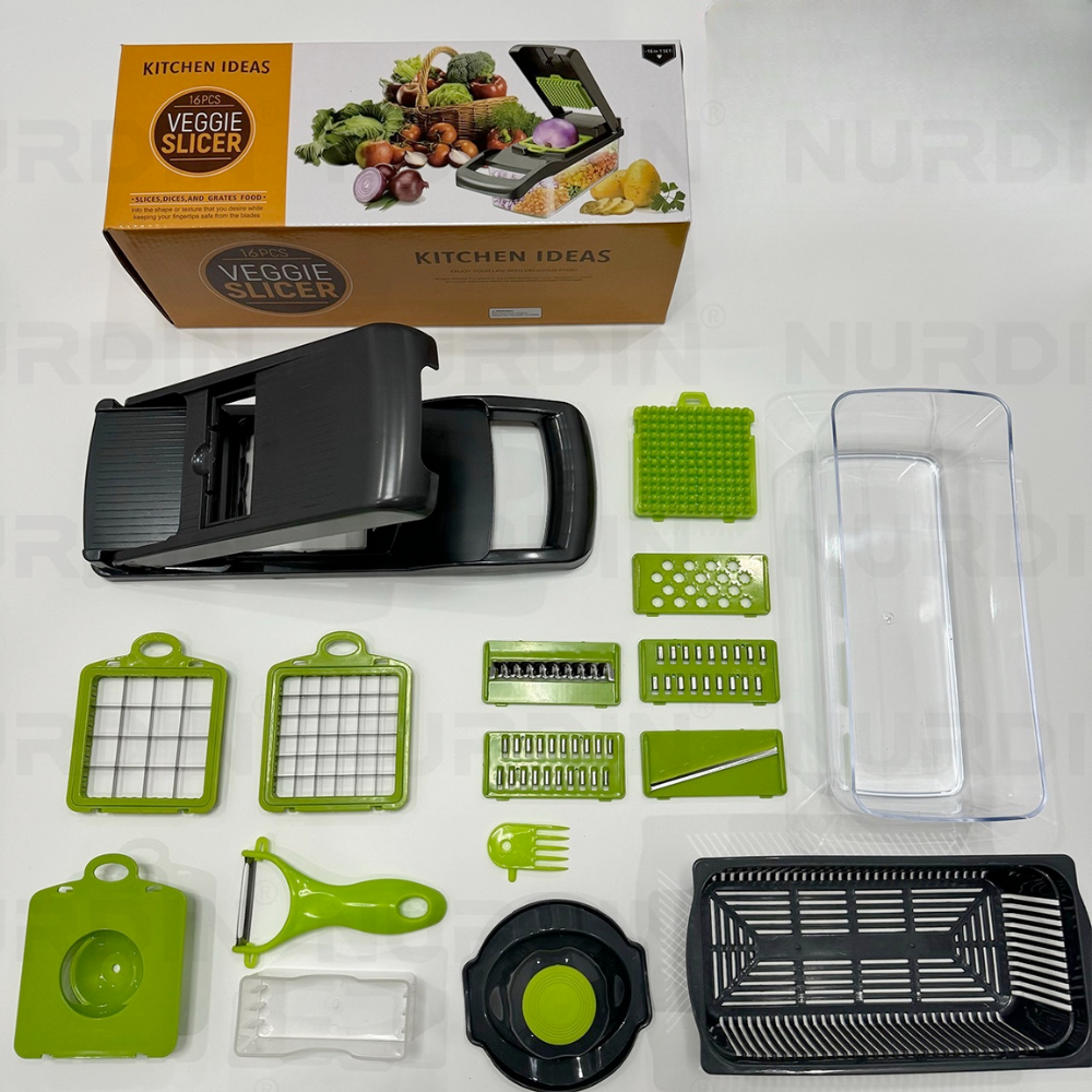 Set tăietor legume 16 piese, cu accesorii verzi și negre, pentru tăiere, răzătoare și grătar