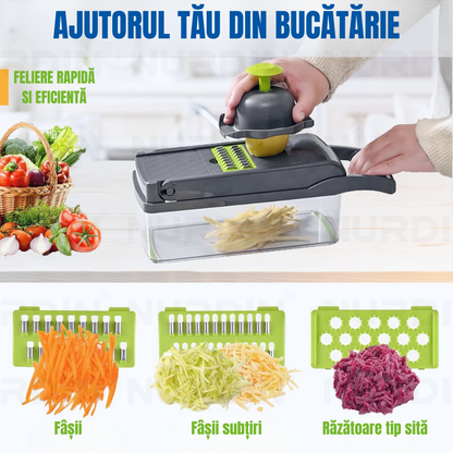 Răzătoare multifuncțională pentru legume și fructe, cu lame interșanjabile pentru fâșii, subțiri și răzătoare tip sită