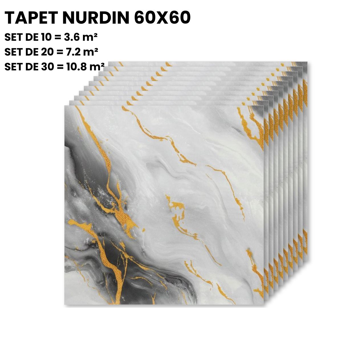 Tapet Autoadeziv 3D Marmură Gri cu Negru și Auriu 60x60cm