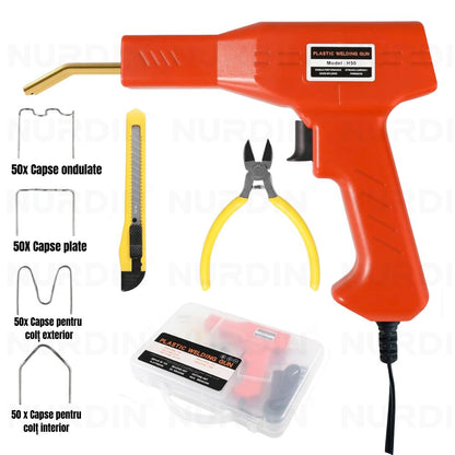 Pistolă de sudură plastic H50 cu accesorii: capse, foarfeci, cuțit și cutie de depozitare