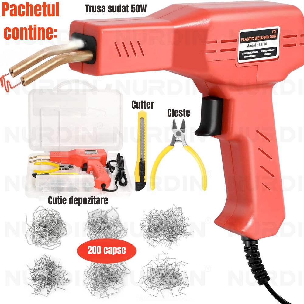 Trusă sudat 50W cu pistol plastic, clește, cutter și 200 capse pentru lipire plastic