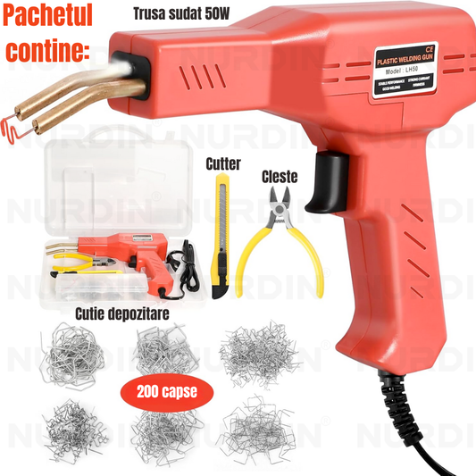 Trusă sudat 50W cu pistol plastic, clește, cutter și 200 capse pentru lipire plastic